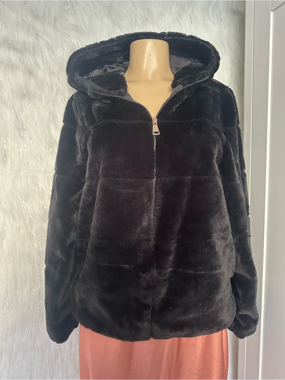 Ciso Black Hooded Faux Fur Teddy Jacket